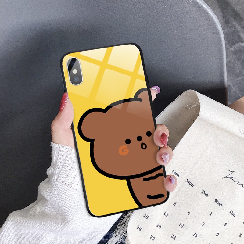 Ốp lưng kính cường lực gấu nâu cho iphone 6 s plus 7 8 plus Xr X s max 11 11 pro max 12 mini 12 pro max