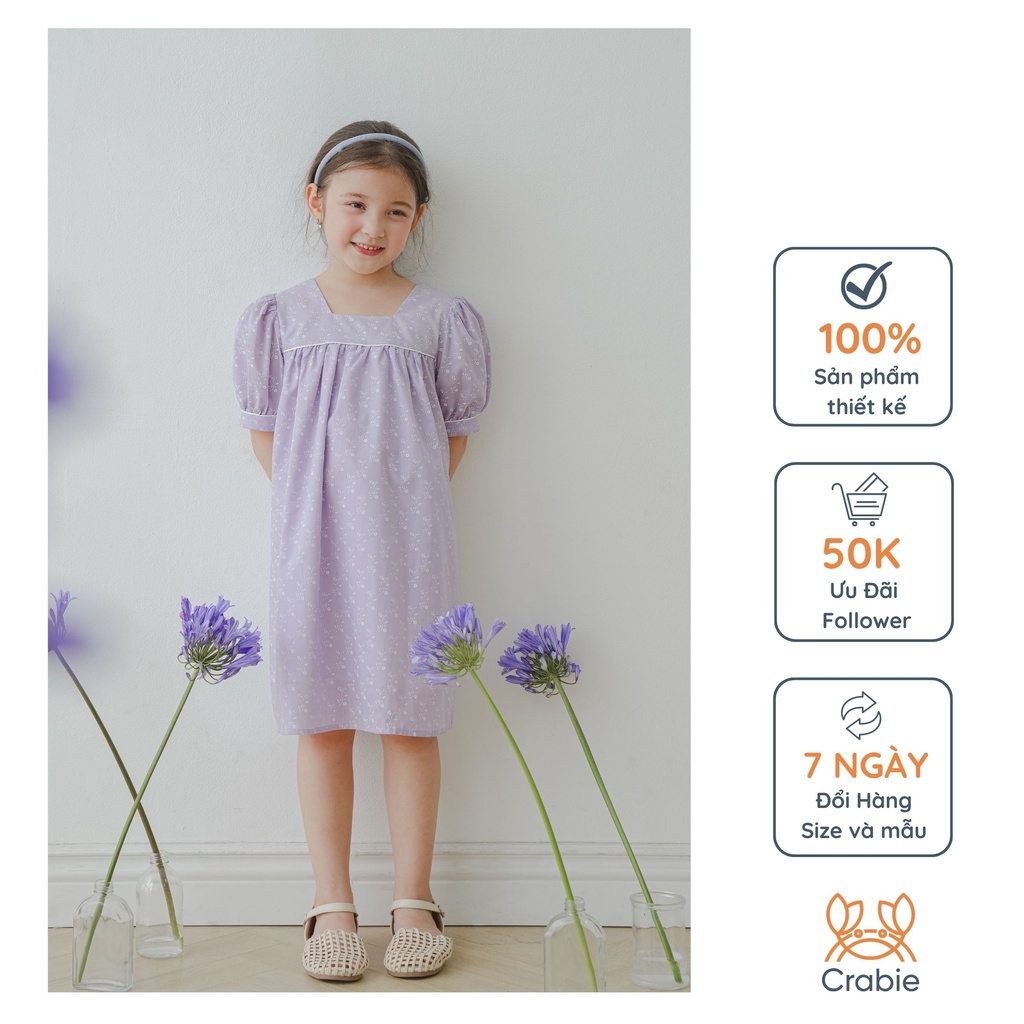 Đầm bé gái CRABIE suông cộc tay cổ vuông buộc nơ lưng xinh xắn - Emily dress - Hoa nhí nền tím paste
