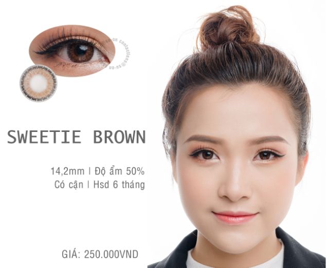 [Video thật] Lens cận nâu tự nhiên SWEETIE BROWN, kính áp tròng Hàn Quốc chính hãng 14,2mm, lens cận 6 tháng màu nâu cam