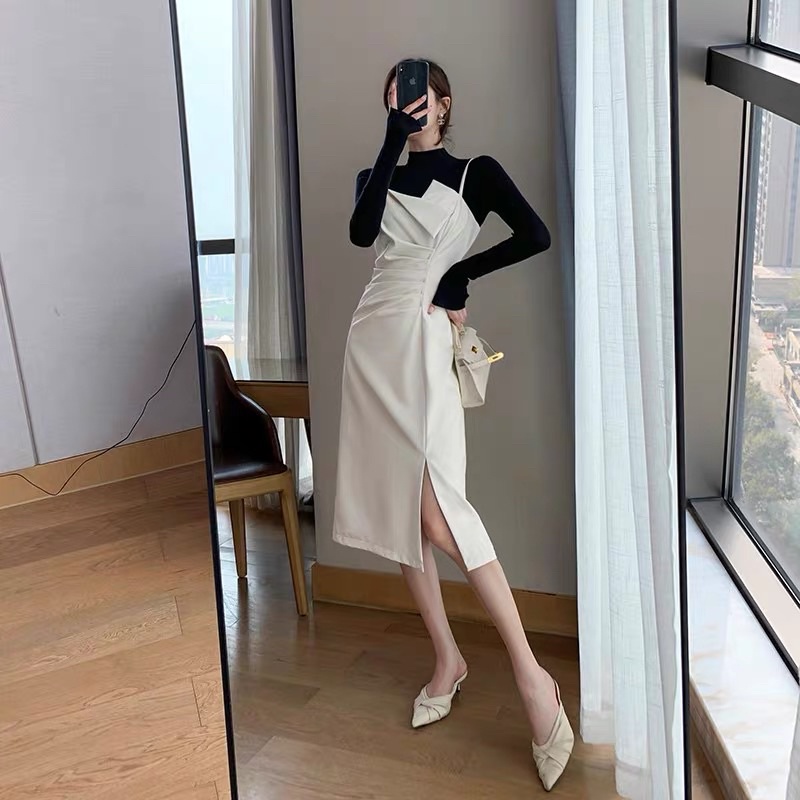 Set Váy Yếm Kèm Áo Thun Dài Tay/ Bộ Sườn Xám 2 Dây Kaki Phối Áo Thun Dài Tay / Size S/M / Cáo Hồng Shop | BigBuy360 - bigbuy360.vn