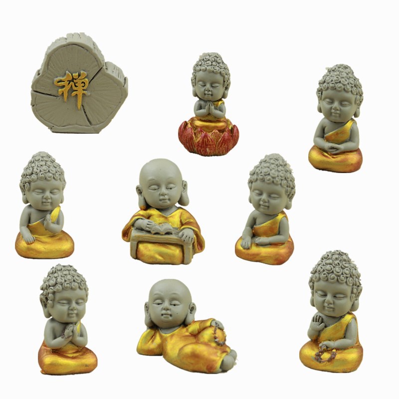 Set 9 món Tượng phật Thích Ca mini Gốm Sứ cao cấp trang trí trang trí xe hơi, tiểu cảnh, bàn trà