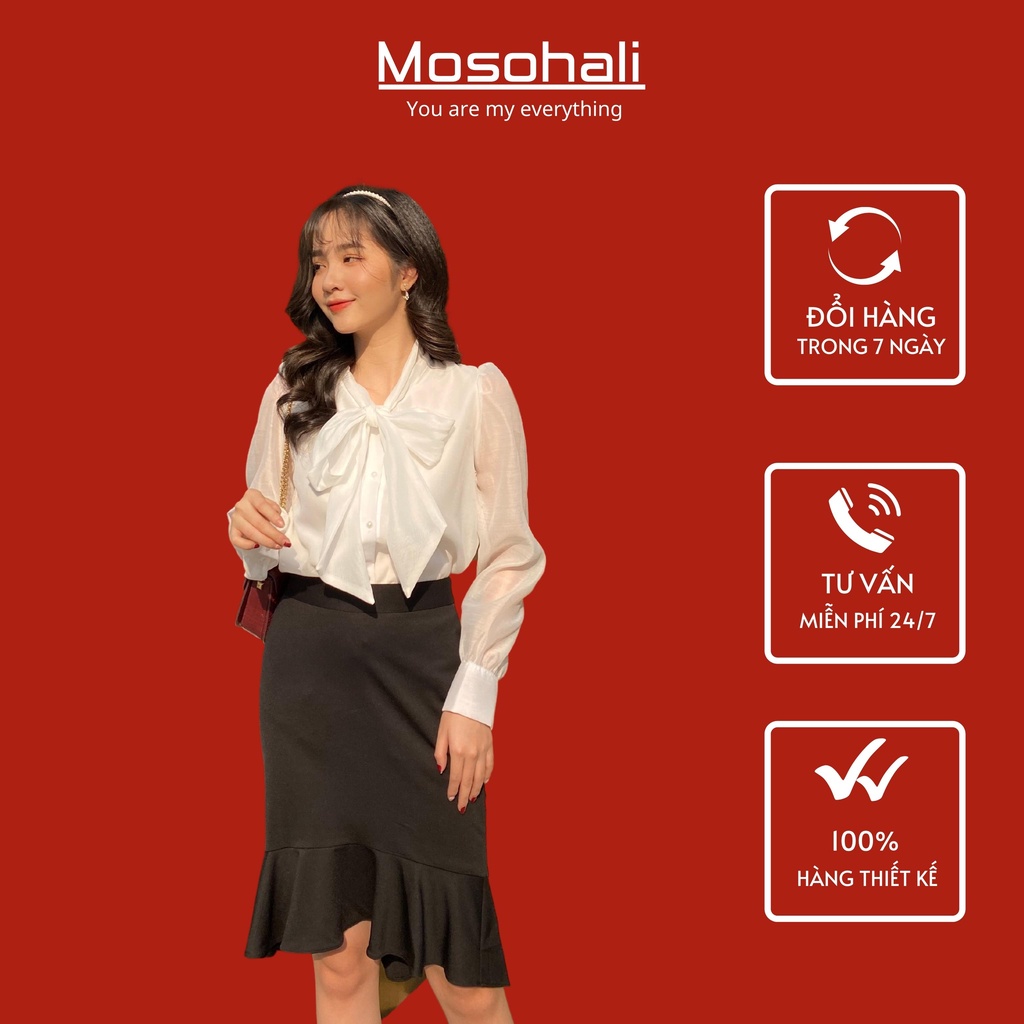 Áo sơ mi nữ suông Mosohali cổ nơ khuy ngọc thời trang công sở thiết kế mosohali