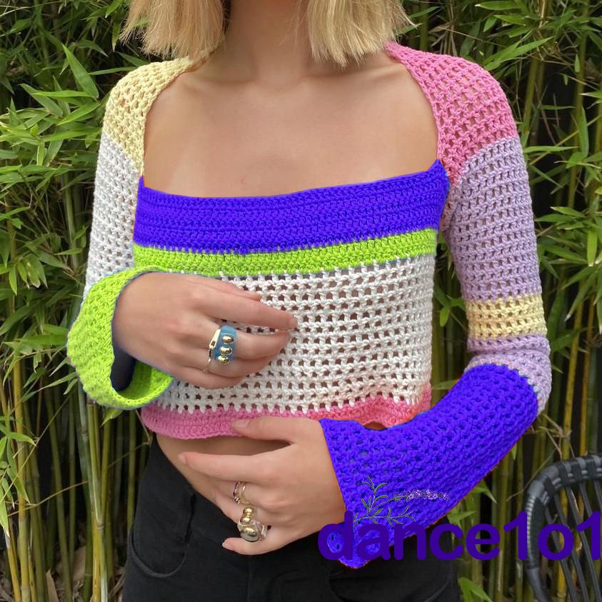 Áo croptop dệt kim tay dài khoét lỗ hình khối màu sắc cho nữ E6