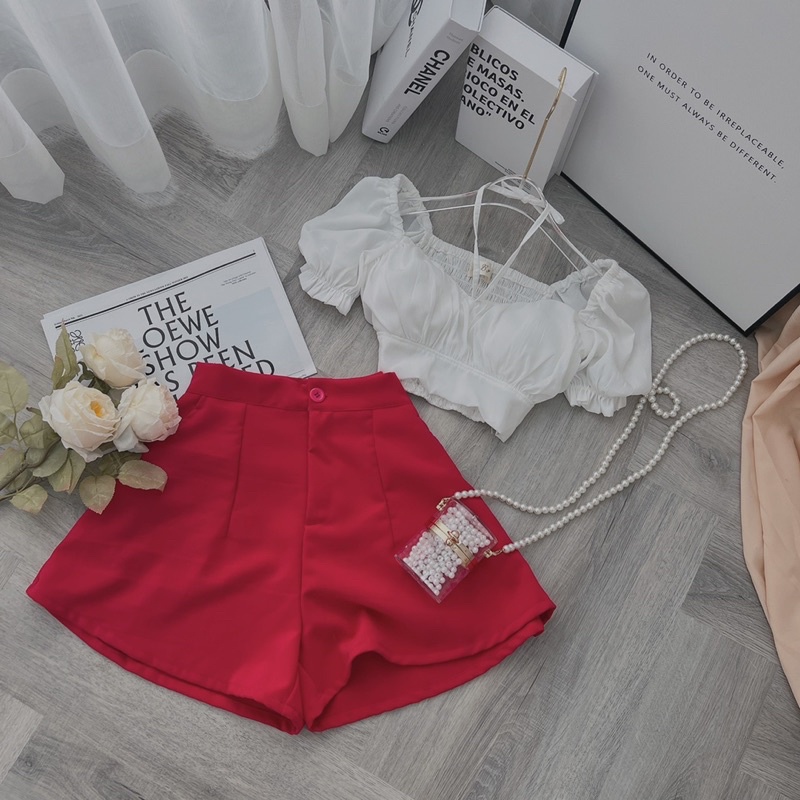 SET CROP TRẮNG NHÍU NGỰC TAY BỒNG + SHORT HỒNG 💞 | BigBuy360 - bigbuy360.vn