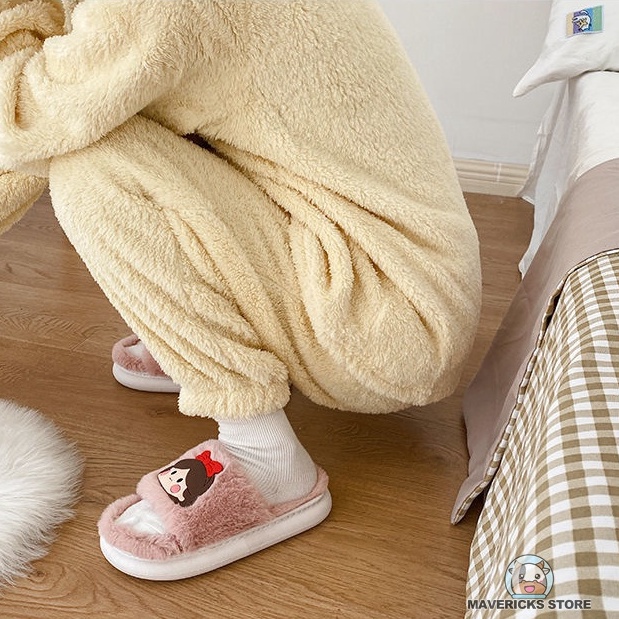 Dép cotton đi trong nhà đế dày chống trượt giữ ấm mùa đông dễ thương cho nữ