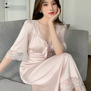 Đầm ngủ chất lụa phối ren phong cách retro gợi cảm cho nữ