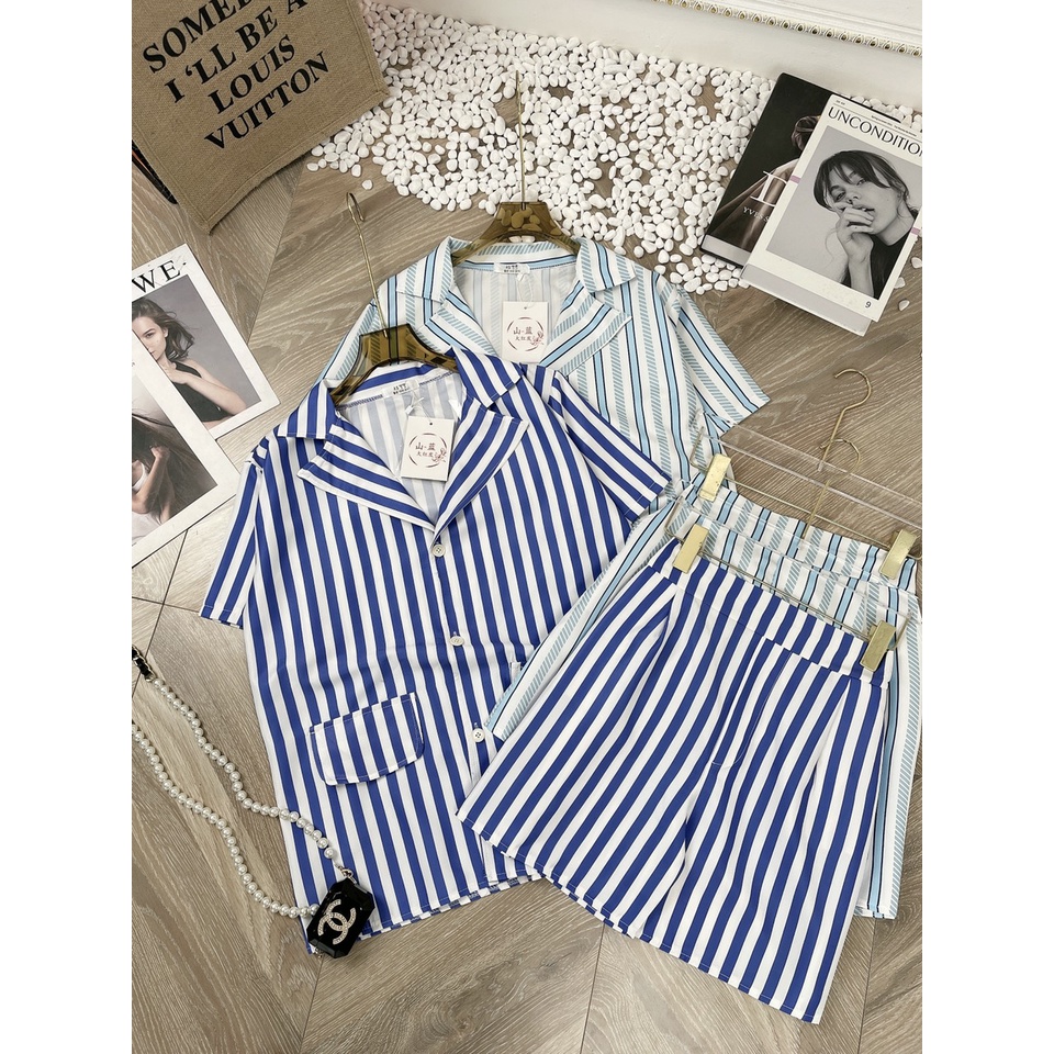 Set bộ sơ mi đùi kẻ vest xanh siêu cá tính đồ bộ nữ cá tính TH592