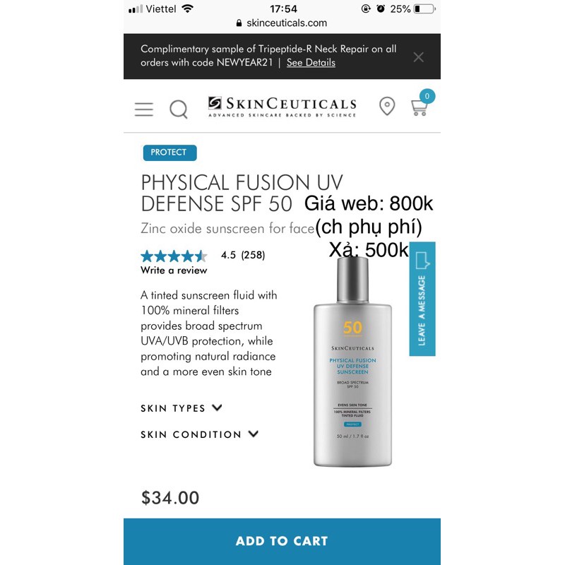 [CHÍNH HÃNG] Thanh lý kem chống nắng SkinCeuticals Physical Fusion UV Defense