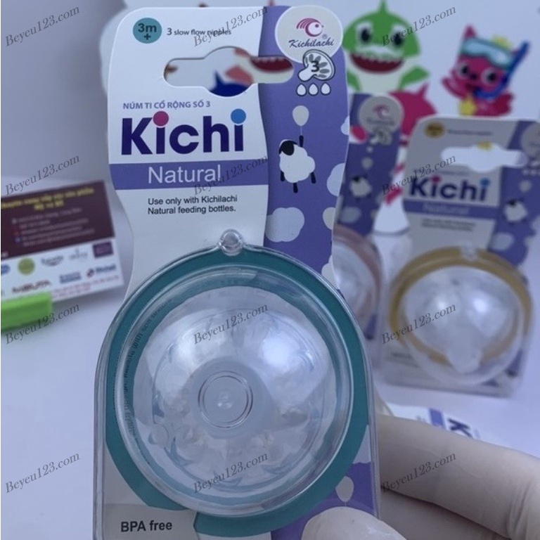 Vỉ 2 Núm ti Silicone Cổ Rộng Cao Cấp Natural Kichi / Dùng chung với Bình sữa Avent / Kichilachi