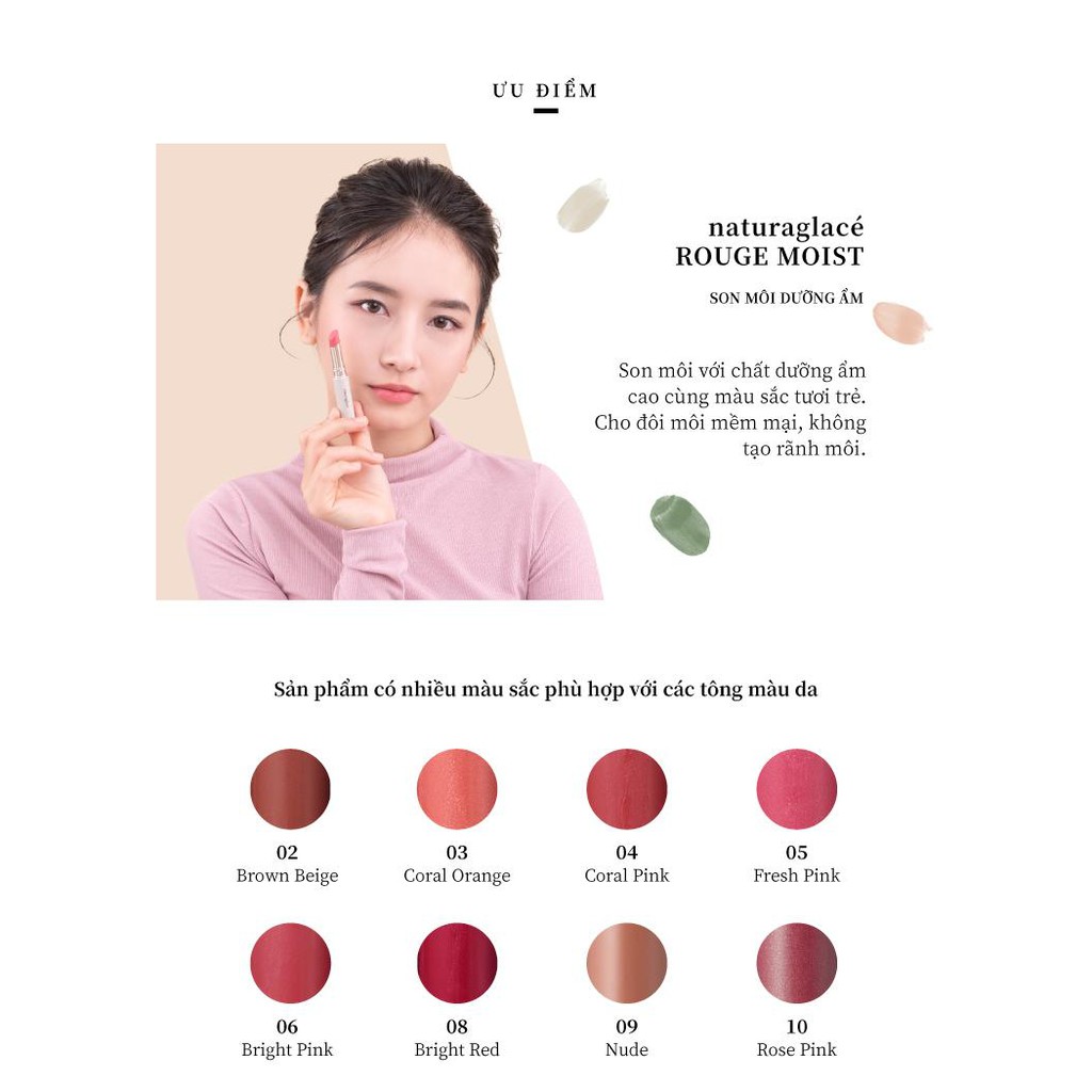 Son môi hữu cơ naturaglacé Rouge Moist bán lì, không chì, dưỡng ẩm, Màu 10 - Rose Pink, 2.3g