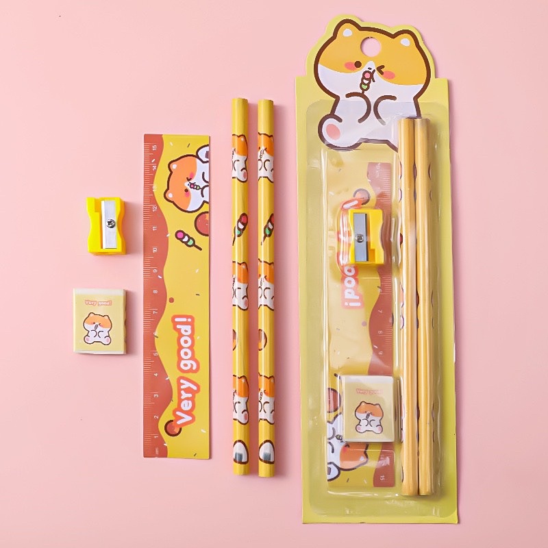 Bộ 5 Dụng Cụ Học Tập Gồm Bút Chì + Tẩy + Thước + Đồ Chuốt Tiện Dụng Cho Bé