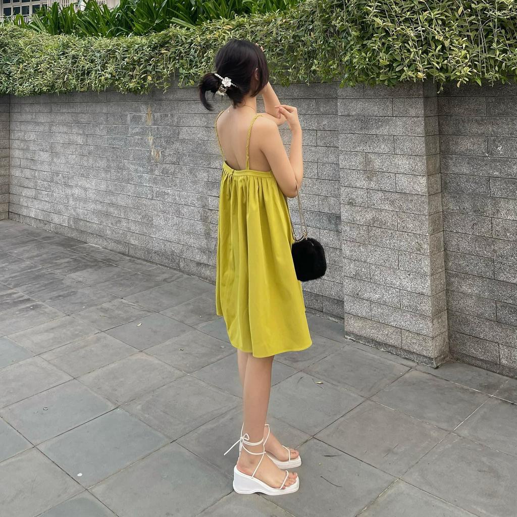 [Sẵn/Video] Đầm - Váy dây tết cổ yếm ly ngực xanh cốm đi biển