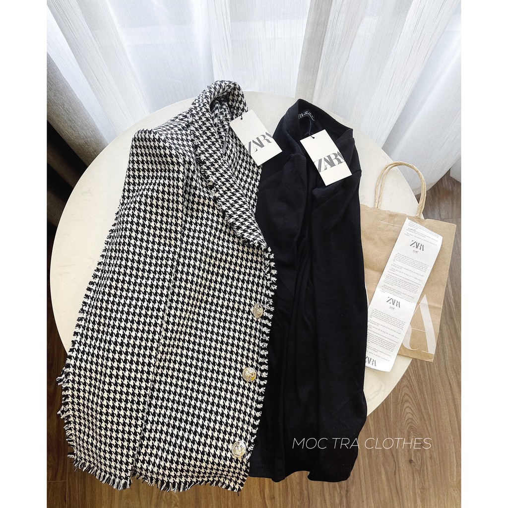 Set 2 món vest Hàn Quốc váy body dài tay dáng ngắn và áo khoác dạ kẻ ziczac siêu xinh, rẻ đẹp trẻ trung sang trọng