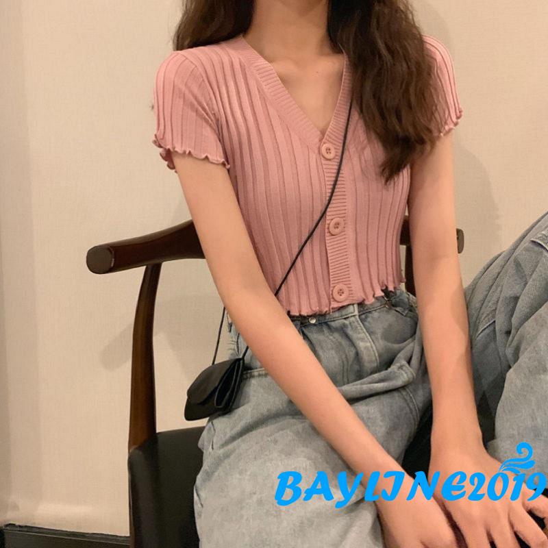 Áo Thun Nữ Ngắn Tay Cổ Chữ V Màu Trơn Kiểu Dáng Thời Trang
