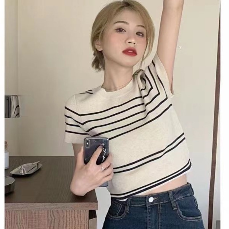 Áo Dệt Kim Tay Ngắn Kẻ Sọc Thời Trang 175245 Áo Thun Cổ Tròn Dáng Ôm Thời Trang Mùa Hè