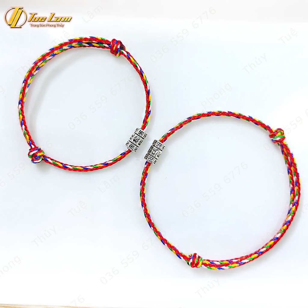 Vòng tay may mắn dây chỉ ngũ sắc phật giáo mix charm ống trụ ngắn khắc chú bình an - Tuệ Lâm