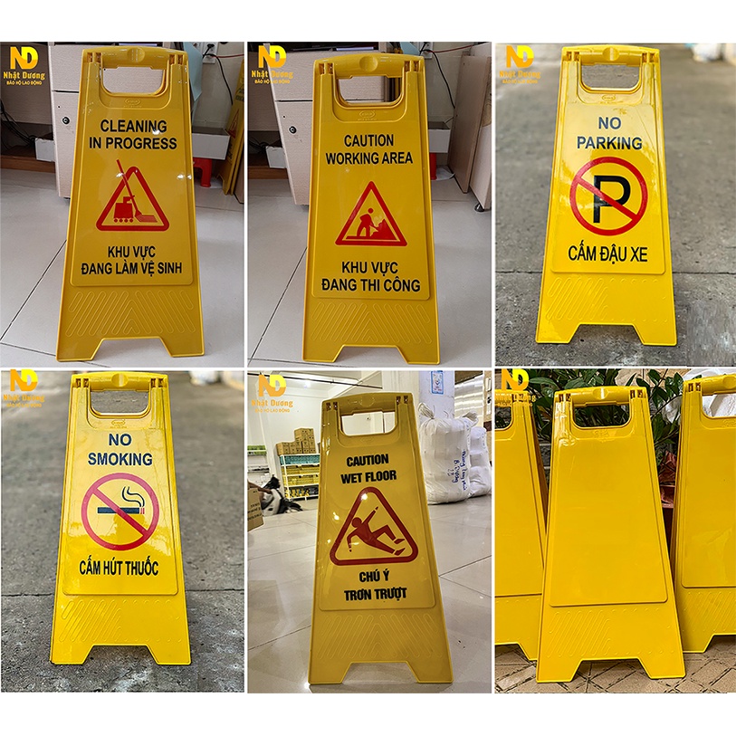 Bảng cảnh báo chữ A Khu vực đang làm vệ sinh/ Khu vực đang thi công/ Chú ý trơn trượt/ Cấm đậu xe/ Cấm hút thuốc