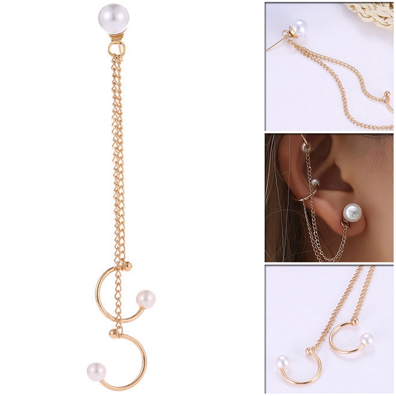 Women Ear Clip Earrings Chain Tassel Dangle Artificial pearls Ear Cuff Unique