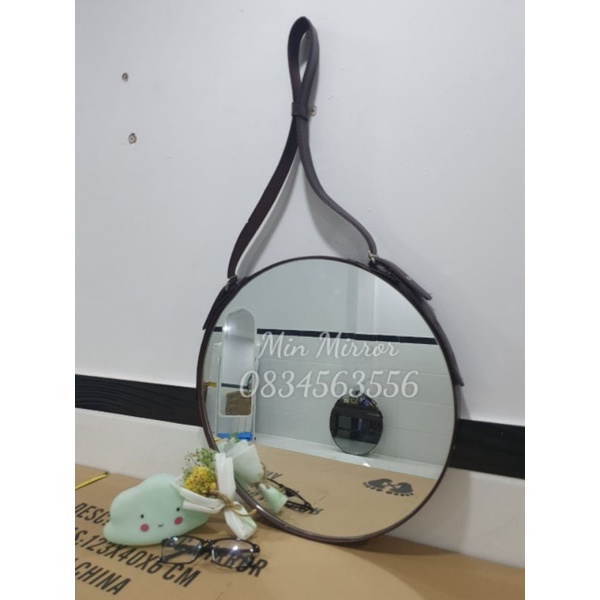 Gương treo tường Gương tròn viền dây da treo trang trí