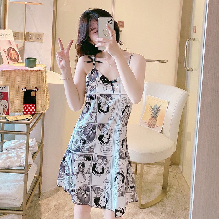 Váy ngủ - đầm ngủ 2 dây cao cấp  chất lụa mềm mát mặc mùa hè xinh xắn dễ thương V2D290