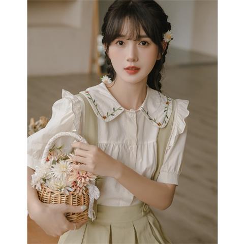 Áo Sơ Mi Trắng Tay Ngắn Cổ Búp Bê Thêu Họa Tiết Mới Mùa Hè Cho Nữ