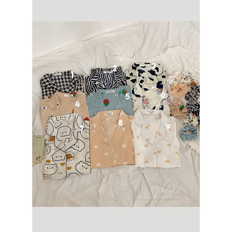 Bộ đồ ngủ pijama nữ ngắn tay, có cổ, form rộng chất mát kèm scrunchies  - The Sweater Weather | BigBuy360 - bigbuy360.vn