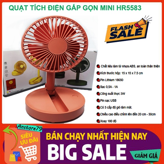Quạt tích điện mini để bàn, quạt mini cầm tay gấp gọn 3 tốc độ gió, xoay 360 độ