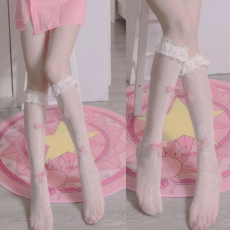 Youyo Vớ Lưới Dài Tới Đầu Gối Phối Ren Rỗng Họa Tiết Kẹo Mút Trái Tim Ngọt Ngào Phong Cách Gothic Punk Dễ Thương Dành
