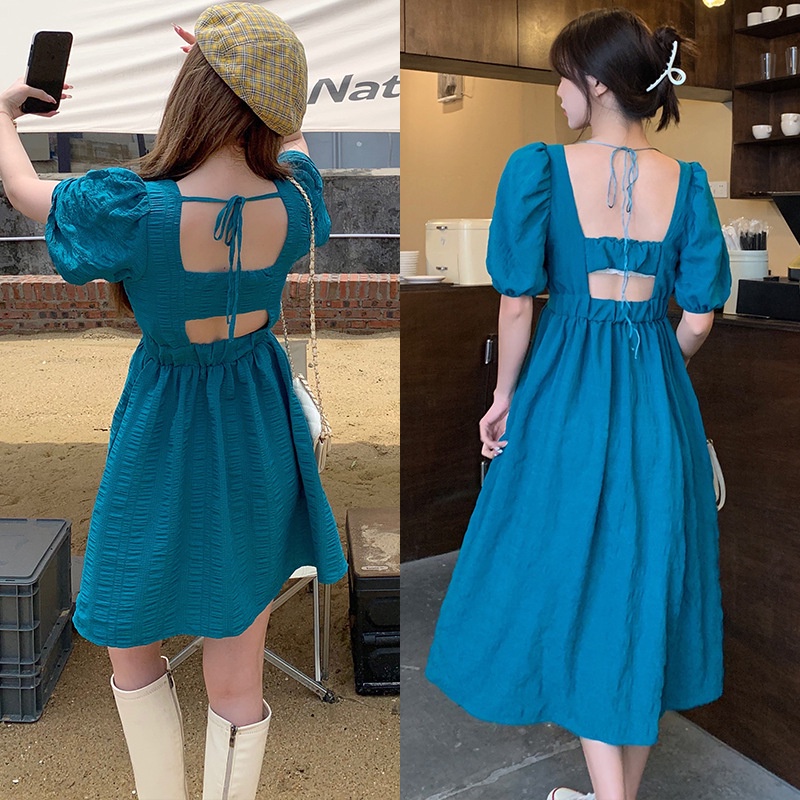 Váy đầm xanh cổ vuông hở lưng hai kiểu ngắn dài nhẹ nhàng phong cách Hàn Quốc