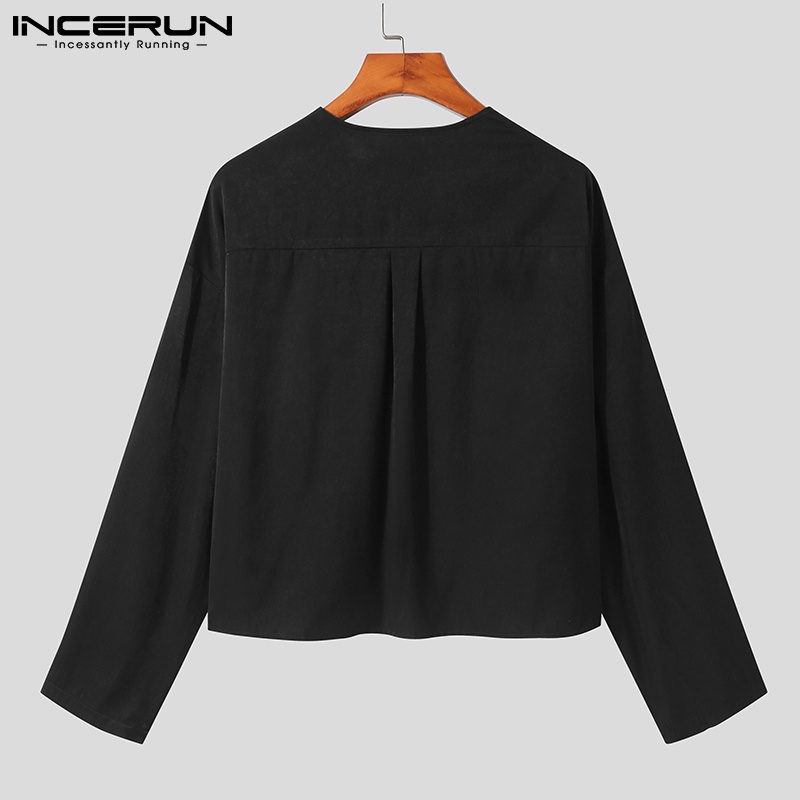 Áo INCERUN dài tay màu trơn có hàng nút mỏng dáng rộng phong cách đơn giản cho nam
