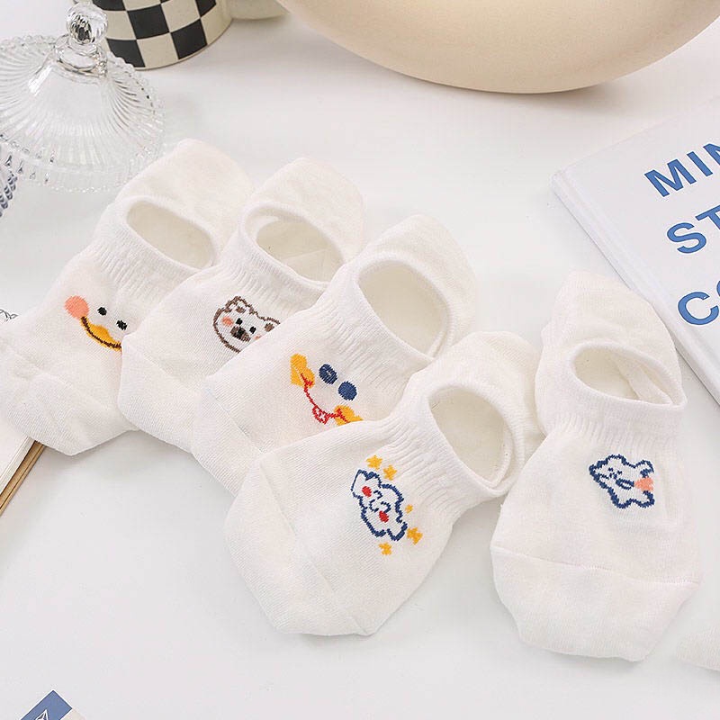 Tất nữ Choobe cổ ngắn cotton lười thấp co giãn tốt cao cấp thời trang họa tiết dễ thương set 5 đôi màu trắng PK23