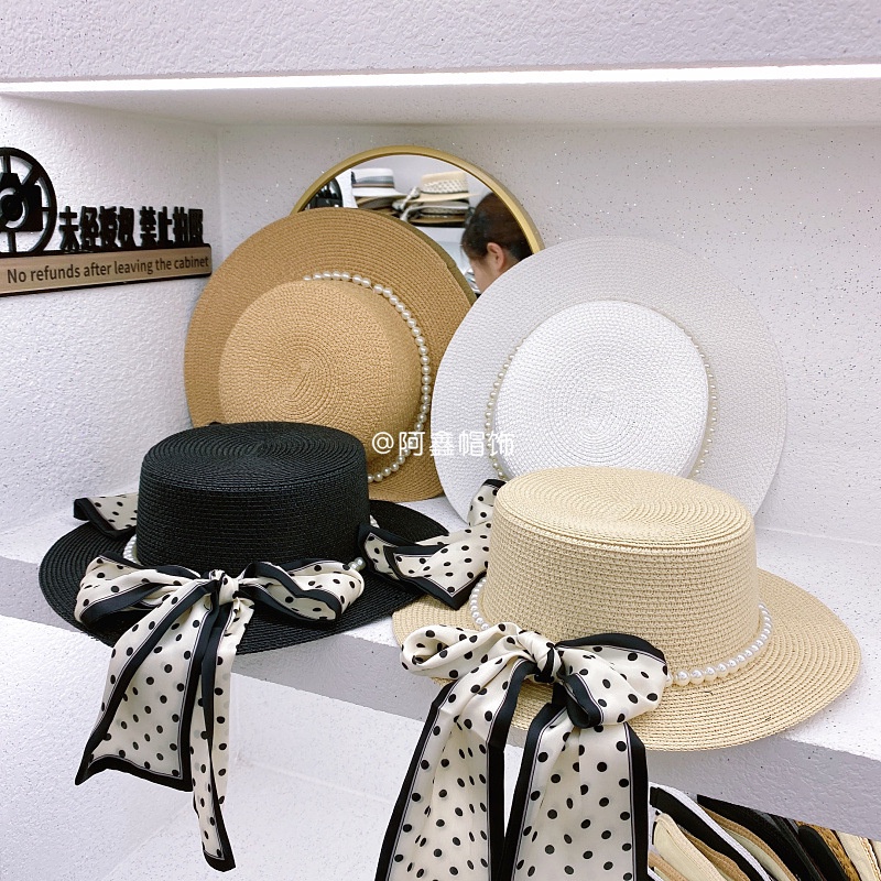 Mũ cói Gaucho đính dây ngọc - Ribbon lụa chấm bi - mẫu mới (đóng hộp)