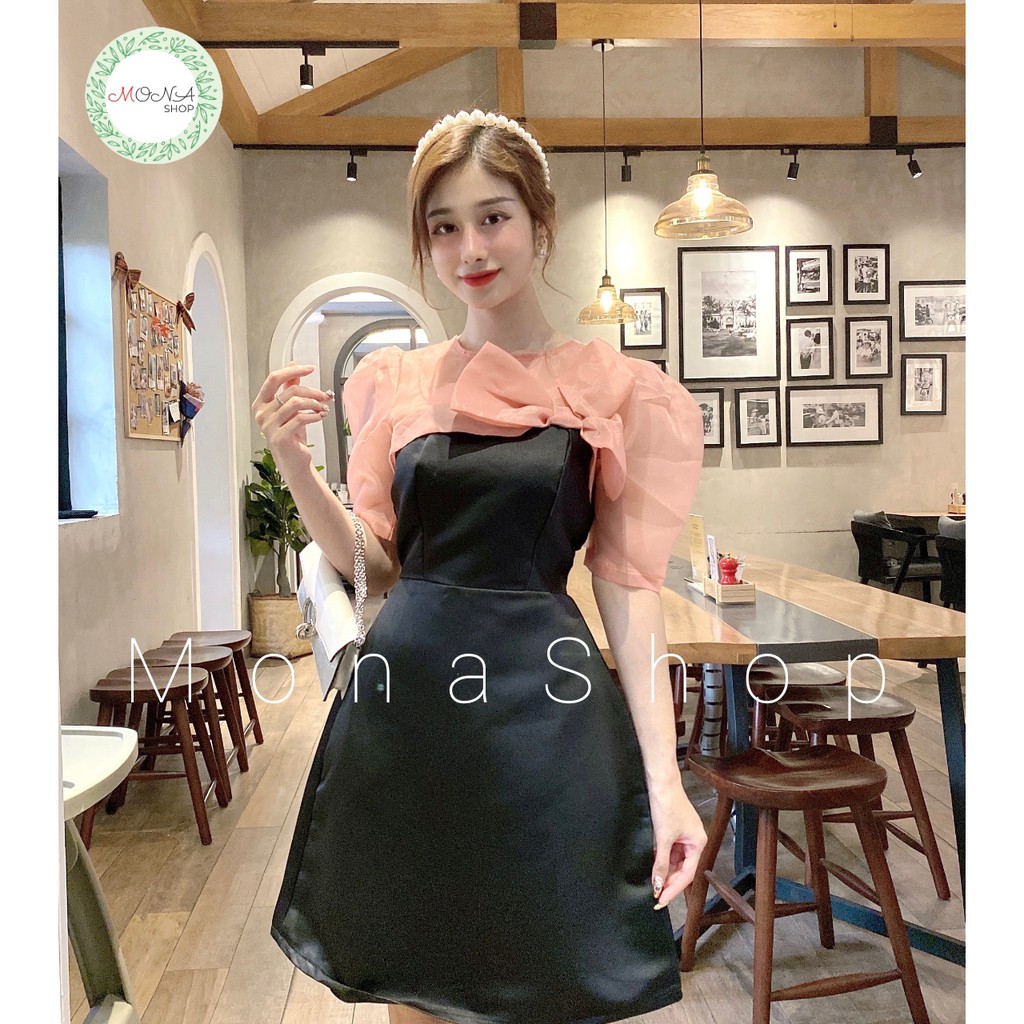 Đầm nữ váy thiết kế cổ tròn tay phồng dáng xoè có nơ ngực sang chảnh cao cấp