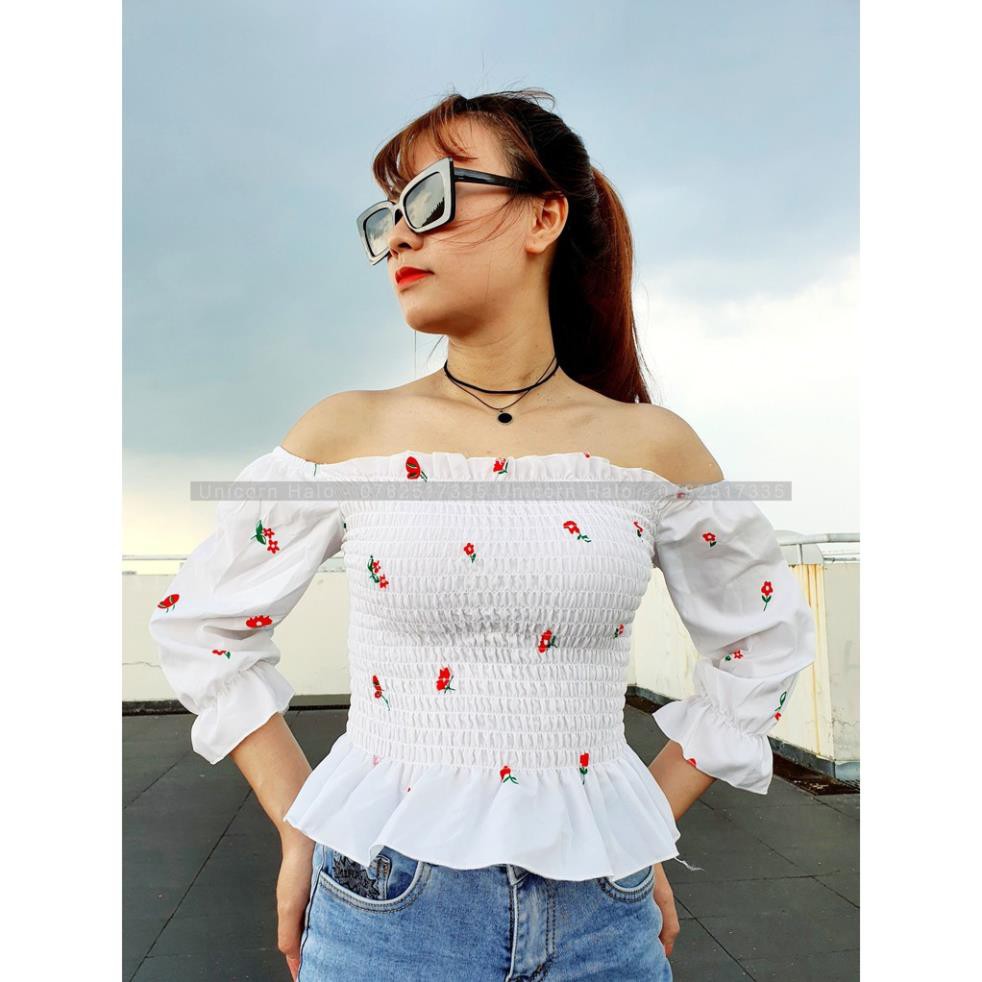 [Ảnh Thật] Áo Trễ Vai Hoa Nhí Tay Bồng Dài Croptop Bẹt Vai Tay Rời Bo Nhún Trắng / Đen Siêu Hot AK002 2021