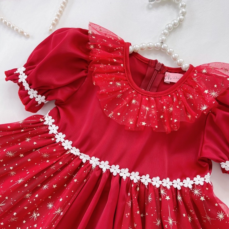 Váy Ánh Sao Nhũ Đỏ Bé Gái 4 Đến 28kg, Đầm Bé Gái Tặng Kèm Cài Nơ [A211]