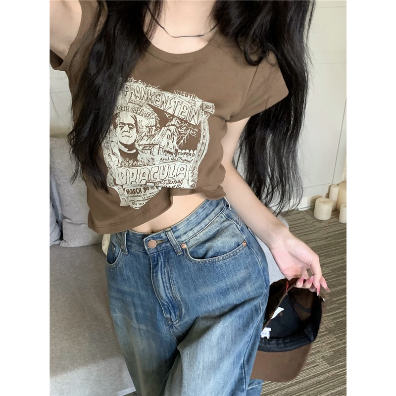 Áo Thun Tay Ngắn Cổ Tròn In Họa Tiết Phong Cách Vintage Mỹ Thời Trang Cho Nữ