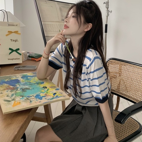 Áo thun dệt kim ZHELIHANGFEI ngắn tay họa tiết kẻ sọc phong cách thời trang dễ phối đồ