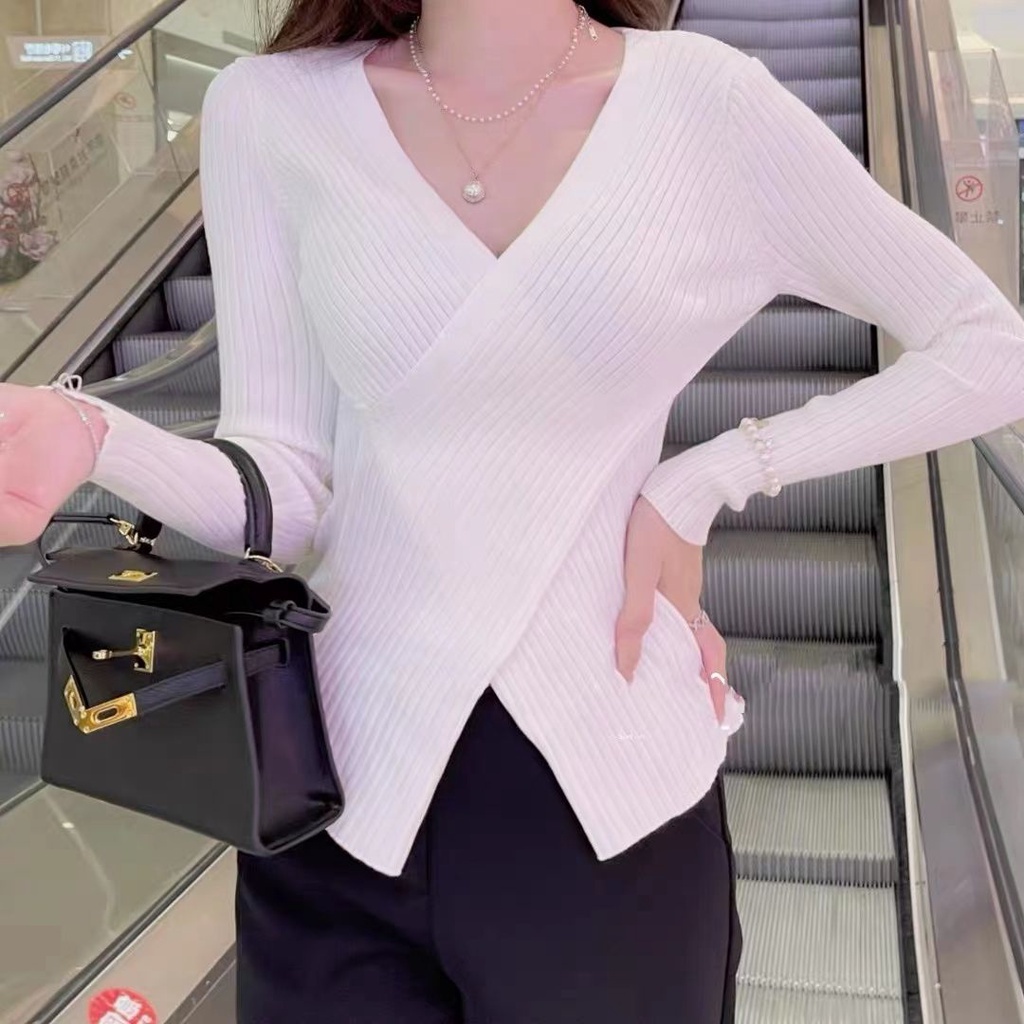 Áo len tay dài cổ chữ V thiết kế đan chéo thời trang thu đông cho nữ