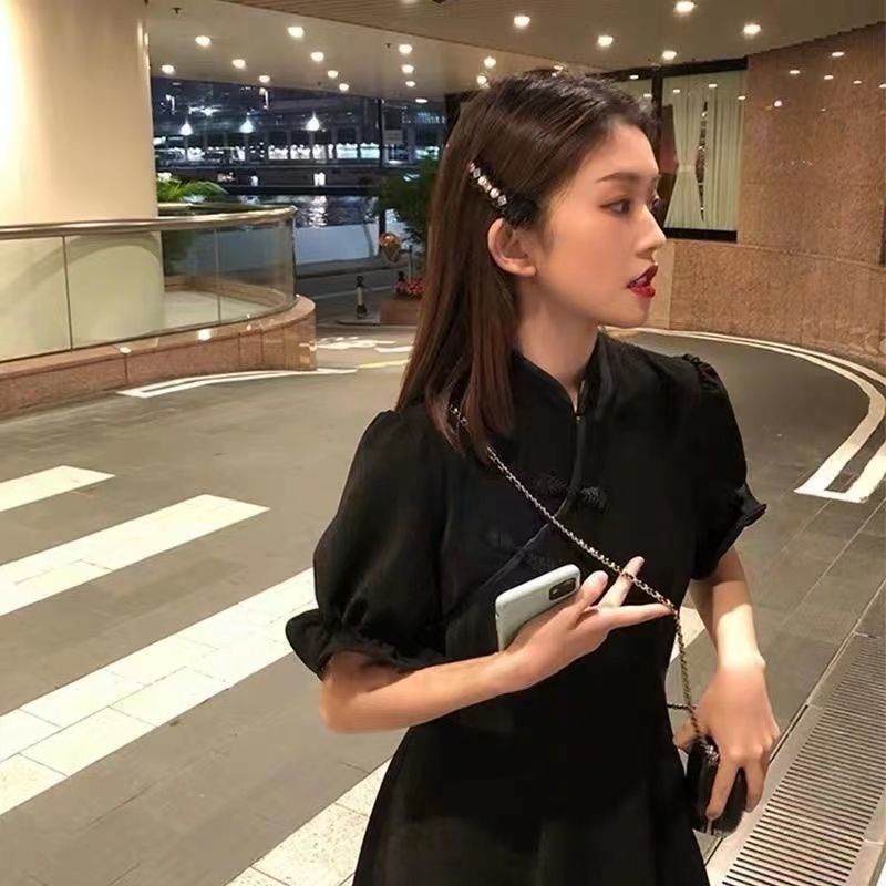 Váy Ngắn Tay Màu Đen 175258 Đầm Sườn Xám Cách Tân Màu Đen Dáng Chữ a Trẻ Trung Thanh Lịch Dành Cho Nữ