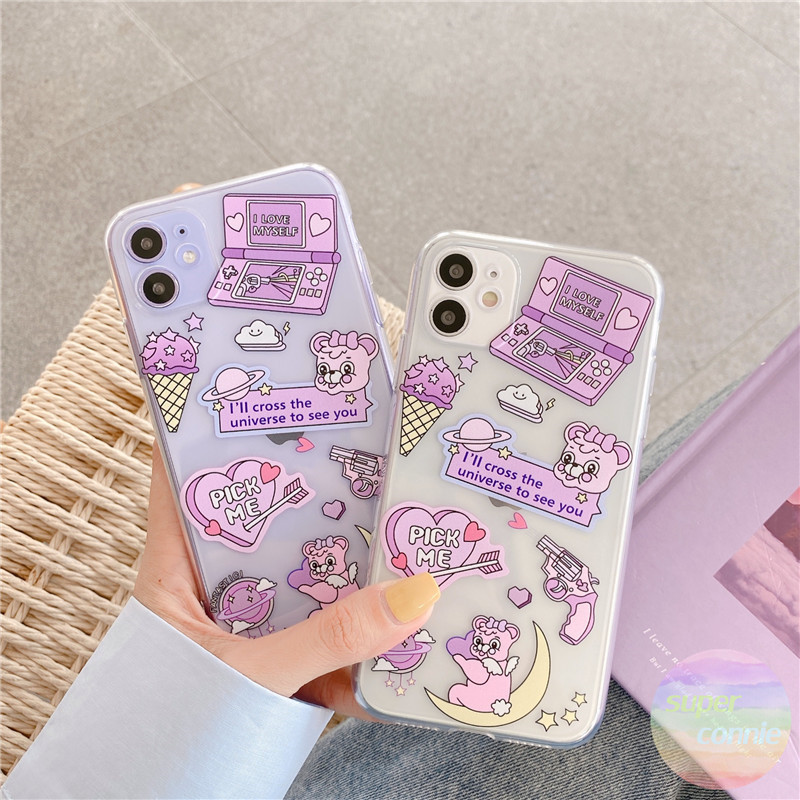 Casing Vivo Y19 Y30 Y50 Y20 Y17 Y11 Y12 Y15 Y91 S1 V15 V5 V5s Y71 S1pro Y93 Y91i Cute Carroon Lable Stickers Bear Clear Soft TPU Case