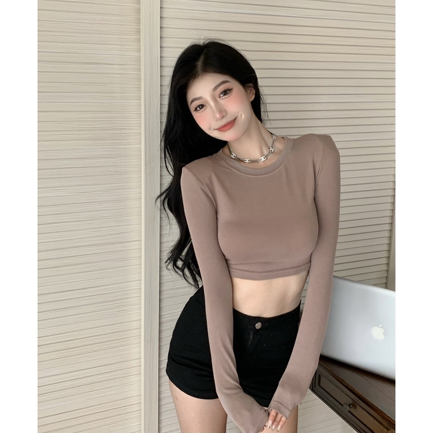 HUANG YOYO Áo Thun Tay Dài Cổ Tròn Thời Trang Quyến Rũ Phong Cách Hàn Quốc Cho Nữ