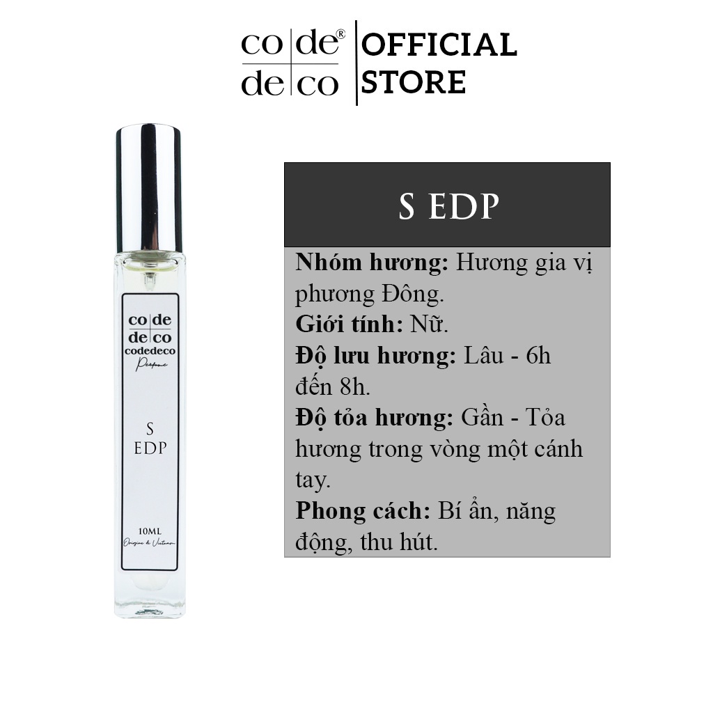 Tinh dầu nước hoa Code Deco S EDP bí ẩn, quyến rũ, thu hút 10ml dạng xịt