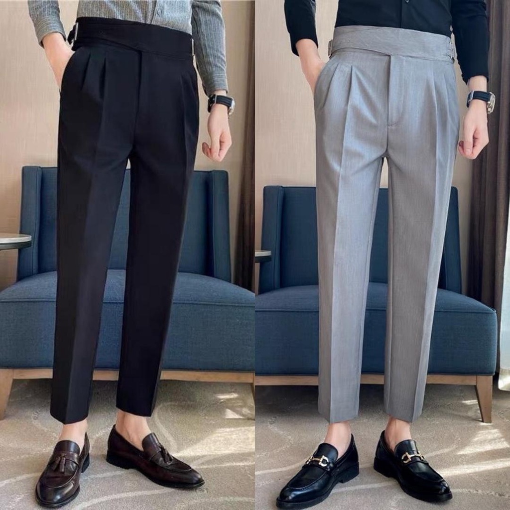 quần âu nam kiểu cạp cao gài 2 bên QDL màu đen ghi xám đẹp tây công sở hàn quốc cao cấp ống đứng côn suông rộng co giãn