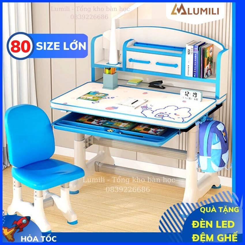 Bộ bàn học có kệ sách chông gù chống cận, size 80cm K50 bàn ghế trẻ em tăng chỉnh độ cao điều chỉnh mặt bàn