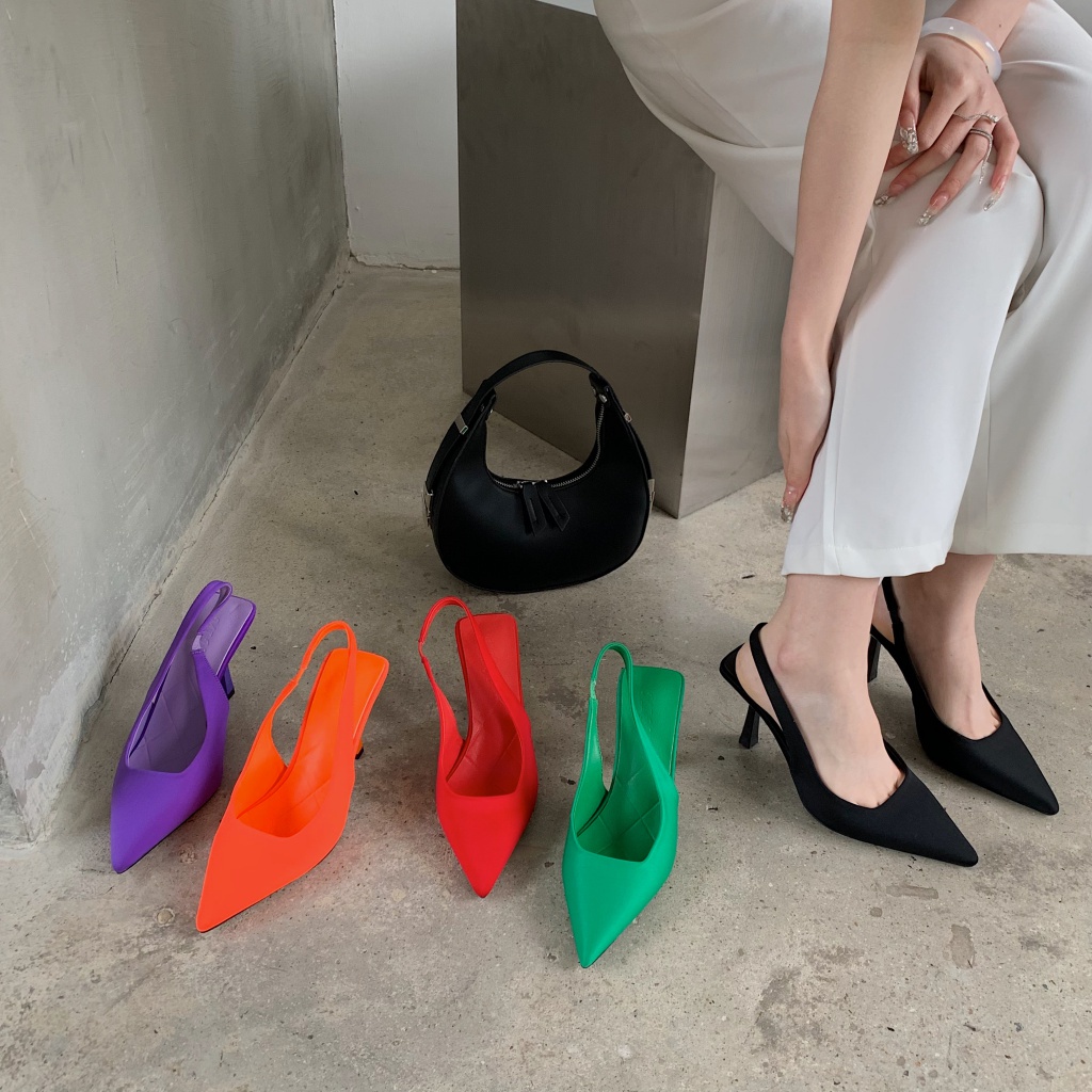Giày Cao Gót Mũi Nhọn Vải Satin Màu Xanh Lá Thời Trang Mùa Xuân 2022 Quyến Rũ Dành Cho Nữ