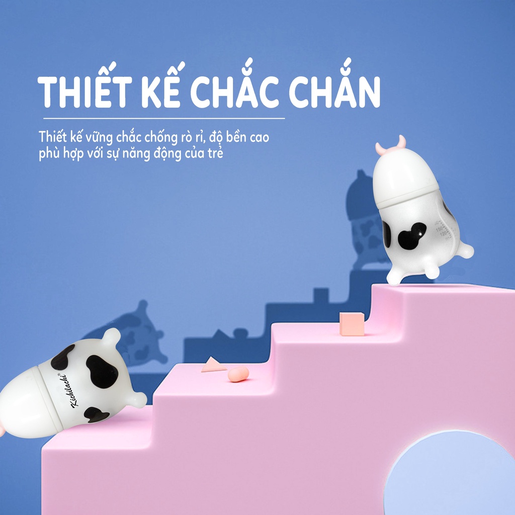 Bình Sữa Cho Bé Kichilachi Cổ Rộng , Chất Liệu Silicon Hình Bò Sữa Với Núm Ti Siêu Mềm