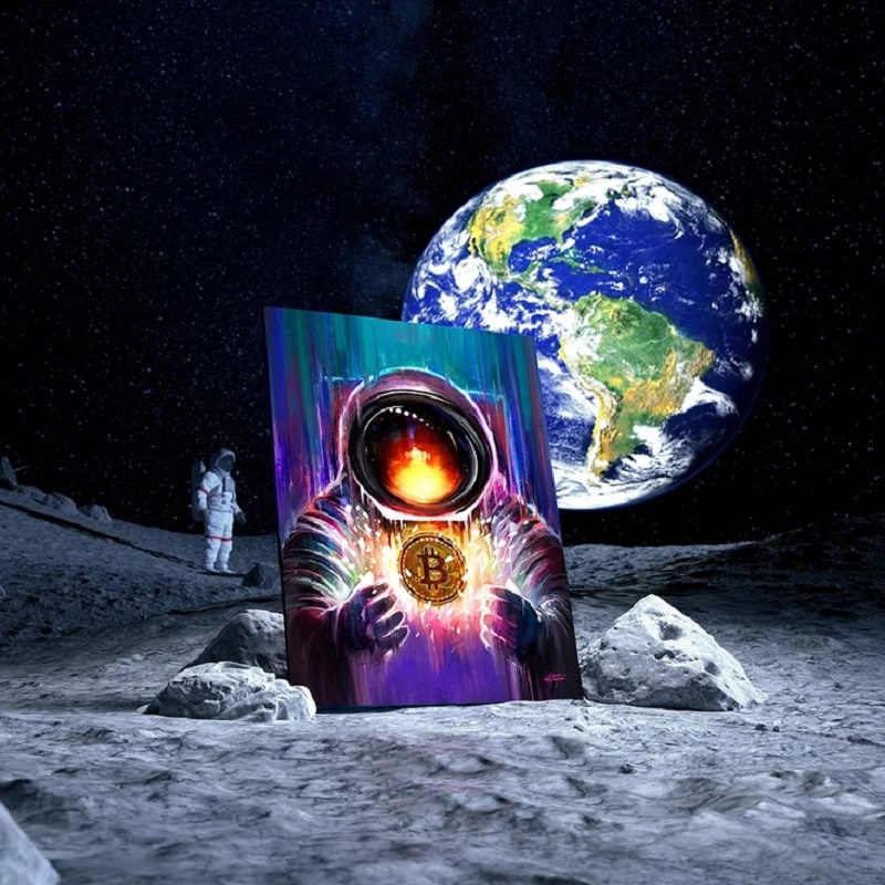 Tranh Vải Bạt Treo Tường In Hình Bitcoin Spaceman Truyền Cảm Hứng Trang Trí Nhà Cửa / Văn Phòng