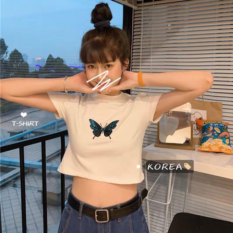 Áo Croptop Nữ Thêu Bướm ?FREESHIP🦋 Áo Ngắn Nữ Cộc Tay 2 Màu