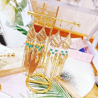 Khuyên tai nữ đẹp - Bông tai nữ phong cách bohemian lông vũ trắng tua rua đính hạt sang chảnh