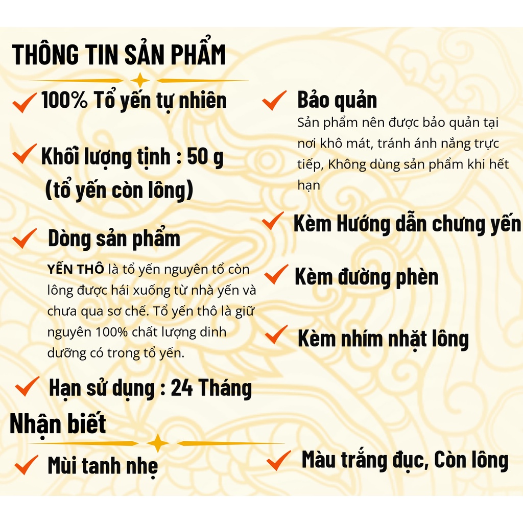 Tổ yến thô, Yến sào Trung Nam, Sản phẩm còn lông 100% tự nhiên nguyên chất, 50 gram /